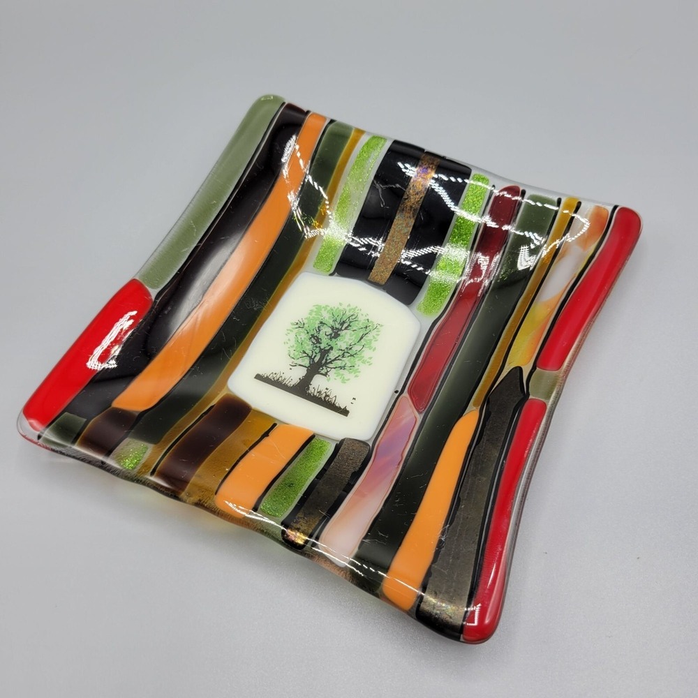Handmade Fused Glass Trinket Dish Striped With Tree Design